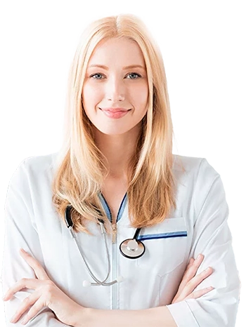 Image of a smiling pharmacist in a white lab coat behind a pharmacy counter with shelves of medications in the background.