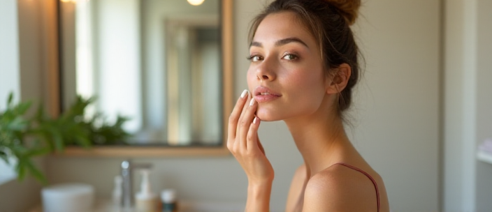 A woman applying skincare products, representing tips and solutions for combating acne and improving skin health.